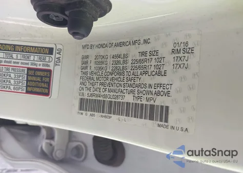 2016 Honda Cr-V Ex z USA, uszkodzony, nr VIN 5J6RM4H55GL028737